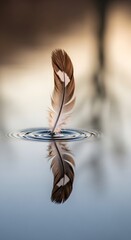 A close-up of a delicate feather gently floating on the surface of calm water, creating ripples and reflecting soft light in a tranquil setting