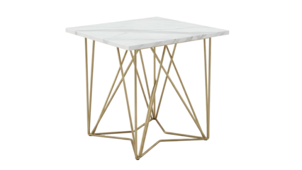 Modern side table featuring a white marble top supported by a complex geometric gold metal base