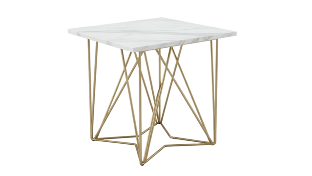 Modern side table featuring a white marble top supported by a complex geometric gold metal base