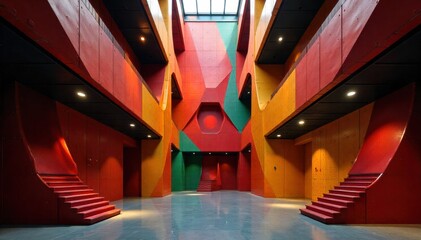 Indoor Climbing Wall Structure and Geometry Architectural view of an indoor climbing wall s structure, highlighting geometric lines, sharp angles, and modular panels. Clean, modern aesthetic with