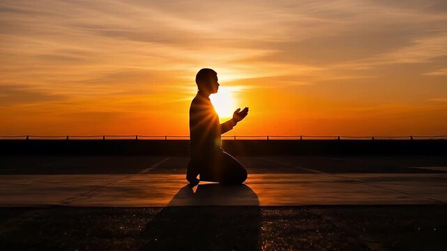 Silhouette of a man kneeling praying at dramatic sunset