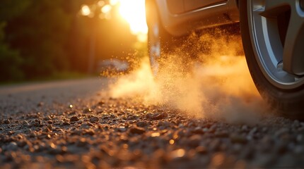 Car Wheel Spinning on Gravel Road at Sunset, Dust Cloud