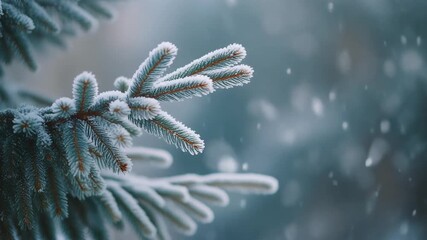 Close-up slow motion video of blue-green pine tree branches covered with white frost while snow falls gently in a cold, blurry winter background. - Powered by Adobe
