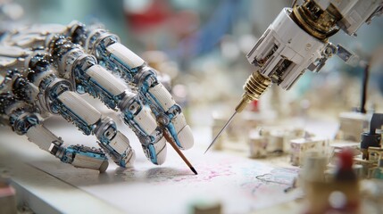 A robot is working on a piece of paper
