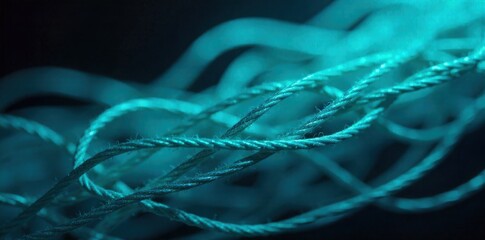 Tangled Strands of Bioluminescent Thread Forming Intersecting Circular Paths Thin, fine strands of bright teal and electric blue bioluminescent thread are tangled and woven together in a pitch black