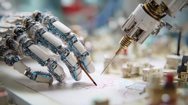 A robot is working on a piece of paper