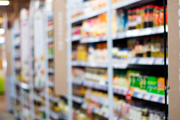 Blurred view of supermarket aisles filled with colorful products