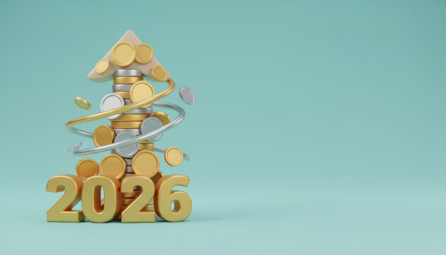 Business finance 2026 growth concept with coin stack arrow uplift optimistic