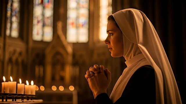 Devout nun and priest praying in a candlelit cathedral. 4K Video