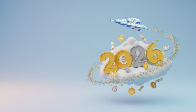 Business finance 2026 outlook with euro sign, cloud and money swirl hopeful vibe