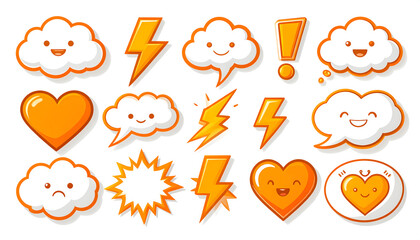 Set of cute cartoon weather and communication stickers featuring smiling clouds, lightning bolts, and happy hearts in a vibrant orange palette