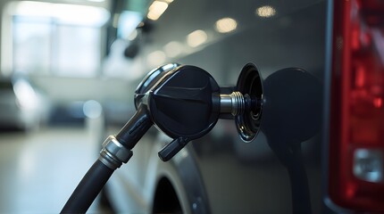 Close-up of a black fuel nozzle filling a car at a gas station