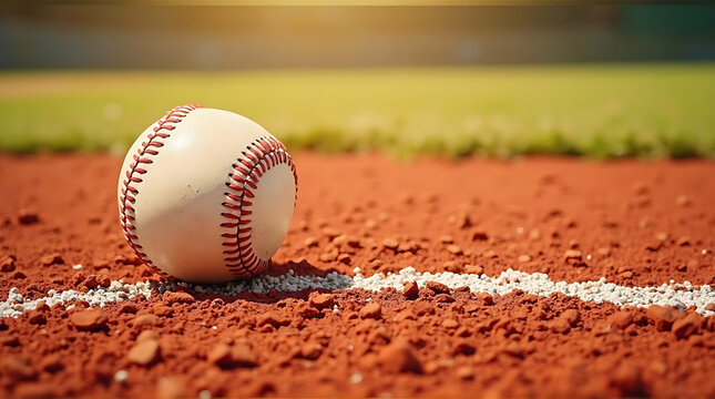 Close-up of a baseball resting on the edge of a baseball field with vivid colors