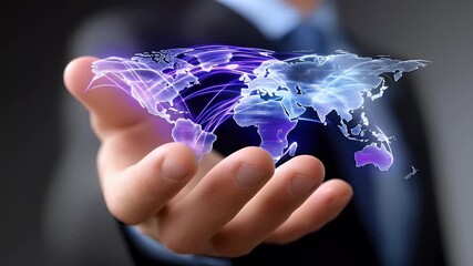 Hand holding glowing world map network data connection concept - Powered by Adobe