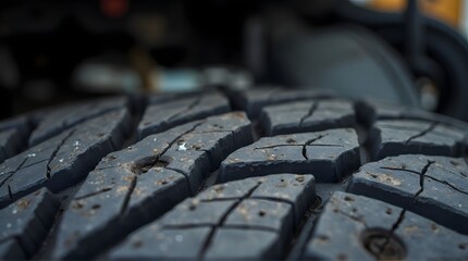 Close-up of a dirty all-terrain tire tread with a rugged blocky pattern.