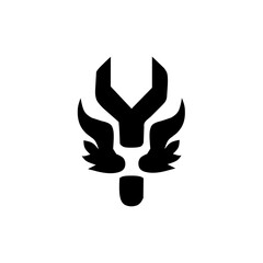 A striking, modern icon blending a mythical dragon or griffin head with a wrench tool, symbolizing strength, mechanical expertise, and legendary performance in repair or engineering.