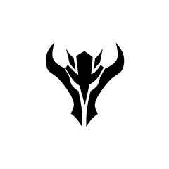 A highly aggressive, stylized black silhouette of a monster or dragon head with sharp horns and a menacing mask-like visor, symbolizing fantasy power and brutal force.
