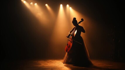 Silhouetted cellist in a flowing gown, bow raised under warm amber stage lights, intimate solo mood!