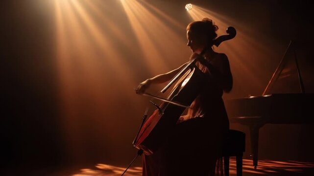 Silhouetted cellist under warm stage lights, bow poised on the cello beside a dim piano, softly lit