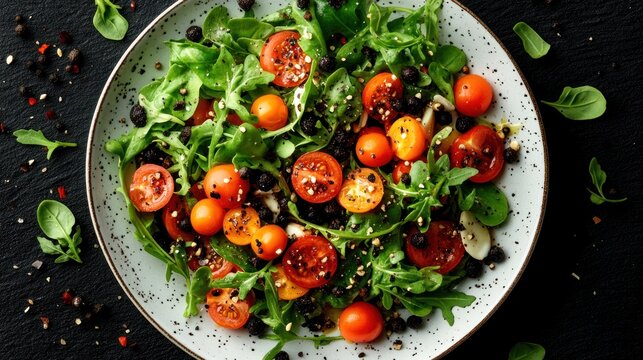 Fresh salad with colorful cherry tomatoes, arugula, and black pepper on a plate - Powered by Adobe