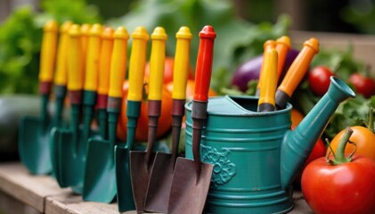 Community Garden Abundance Vibrant Vegetable Patches and Tools A vibrant and abundant community garden. Neat, well tended rows of colorful, ripe vegetables. Gardening tools like trowels and rakes are