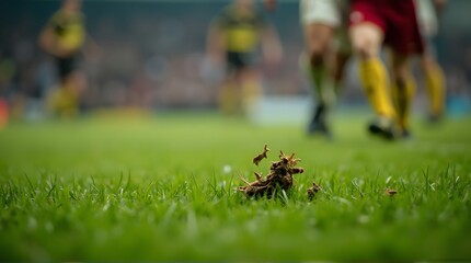 Close-up of a divot on a green soccer pitch with blurred players in the background during a match.