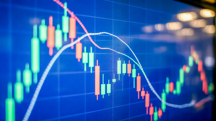 Stock market candlestick chart on a blue grid background