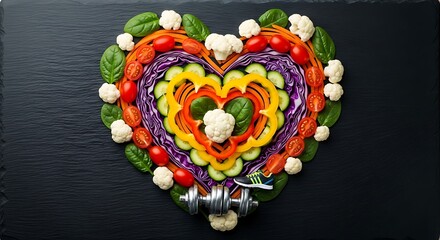 Creative heart-shaped vegetable arrangement with colorful slices, top-view food art, healthy organic produce design, vibrant culinary creativity.