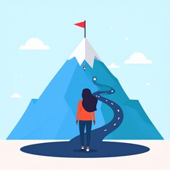 Fototapeta premium Woman Standing Before Mountain Path Leading to Summit Flag.