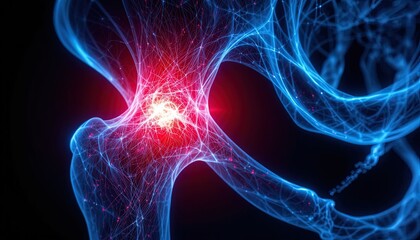 Intense hip pain radiating through nerve pathways, ideal for medical education materials and healthcare marketing campaigns seeking a modern, scientific aesthetic