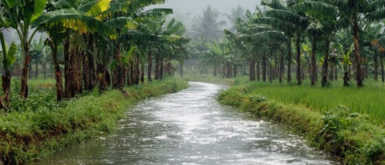 Obraz premium Rainy day in banana plantation