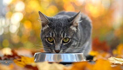 Gray tabby cat eating from a bowl outdoors in autumn.