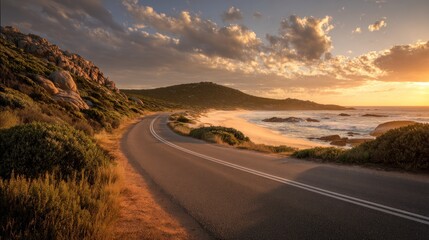 Naklejka premium Coastal road at sunset