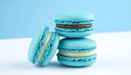 Delicious blue macarons stacked with different fillings, tasty dessert.