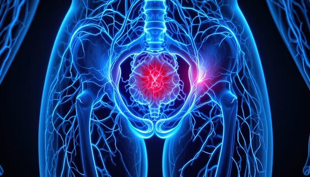 Discover the pelvic nerve network with illuminated pain points, a modern medical visualization for educational and healthcare applications