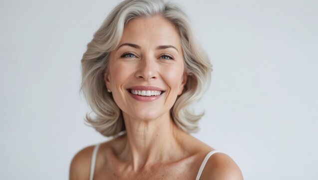 Beautiful gorgeous 50s mid aged mature woman looking at camera isolated on white. Mature old lady close up portrait. Healthy face skin care beauty, middle age skincare cosmetics, cosmetology concept
