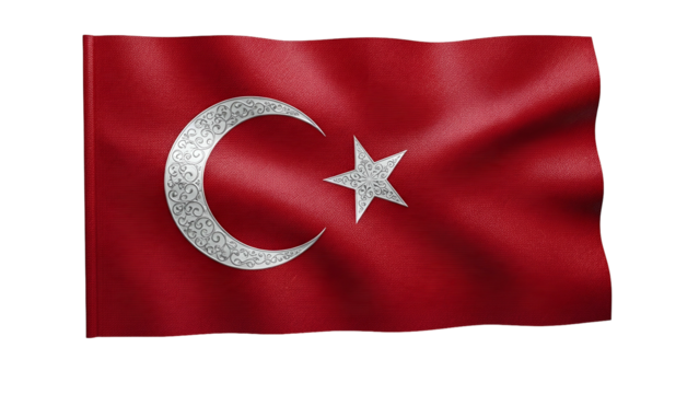Nation's banner featuring a detailed crescent and star emblem ripples against a dark background