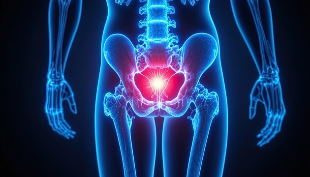 Intricate pelvic bone structure showing pain point, perfect for medical education or health awareness campaigns with impactful visual appeal and easy comprehension - Powered by Adobe