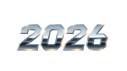 Shiny metallic numerals display the year twenty twenty six against a dark background