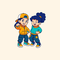 illustration of 2 dancers dressed in aqua, blue and yellow