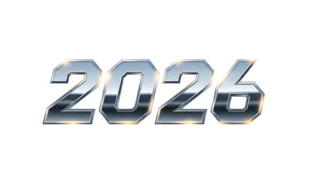 Shiny metallic numerals display the year twenty twenty six against a dark background