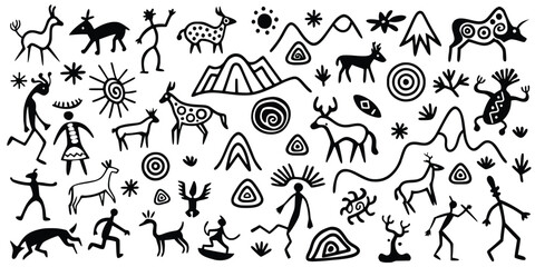 Set petroglyphs, rock paintings, isolated on white background, naive art, vector design