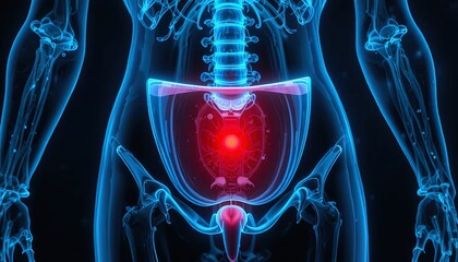 Detailed 3D rendering of the male pelvic region anatomy highlighting potential inflammation, ideal for medical education or pharmaceutical advertising