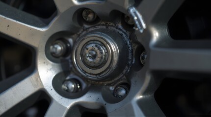 Detailed close-up of a dirty car wheel hub, showing lug nuts, axle, and a worn silver alloy rim.