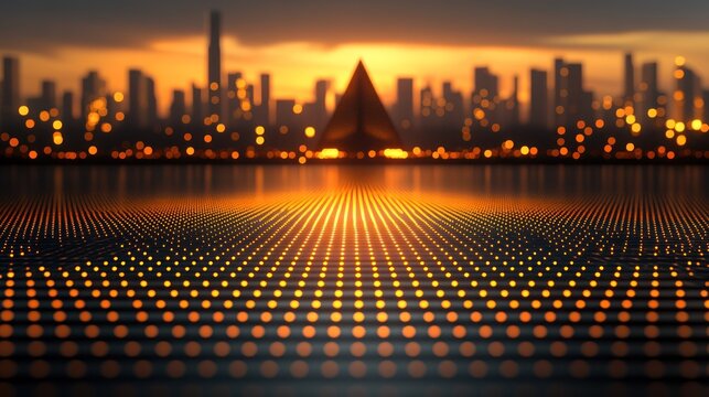 Futuristic city skyline at sunset, lit by golden grid - Powered by Adobe