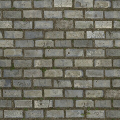 Grunge Distressed Brick Pattern Pavement Surface with Grass Texture Background