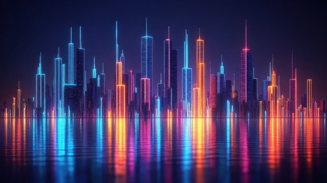 Futuristic city skyline, neon lights, water reflection