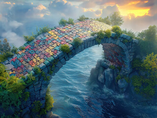 Puzzle Pieces Creating a Bridge Between Two Lands, Symbolizing Cooperation