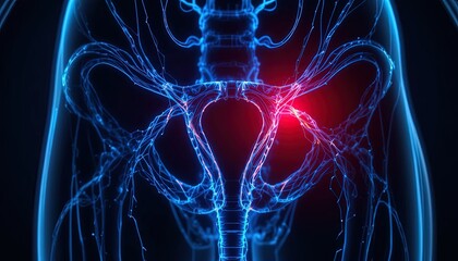 Vibrant blue pelvic anatomy with red inflamed nerve pain for medical illustration, educational material, or pharmaceutical advertising with stunning detail