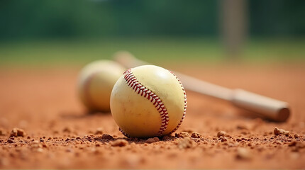 Close-up of softball and bat on the field showcasing sport equipment and focus on competition